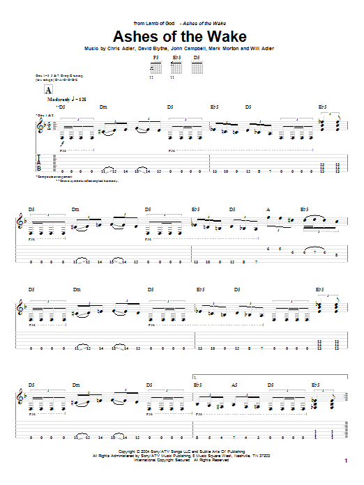 Download Lamb of God Ashes Of The Wake Sheet Music and learn how to play Guitar Tab PDF digital score in minutes