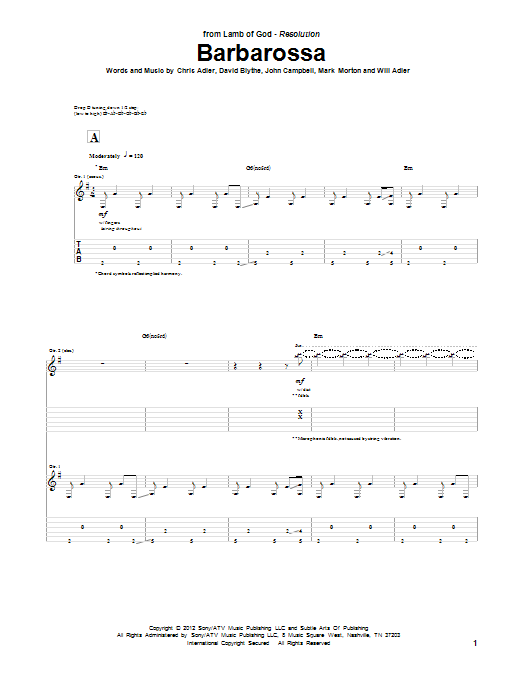 Download Lamb Of God Barbarossa Sheet Music and learn how to play Guitar Tab PDF digital score in minutes