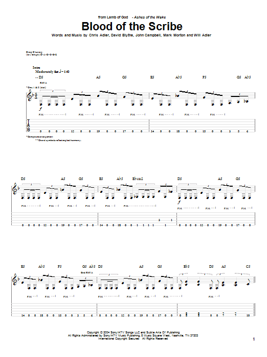 Download Lamb of God Blood Of The Scribe Sheet Music and learn how to play Guitar Tab PDF digital score in minutes