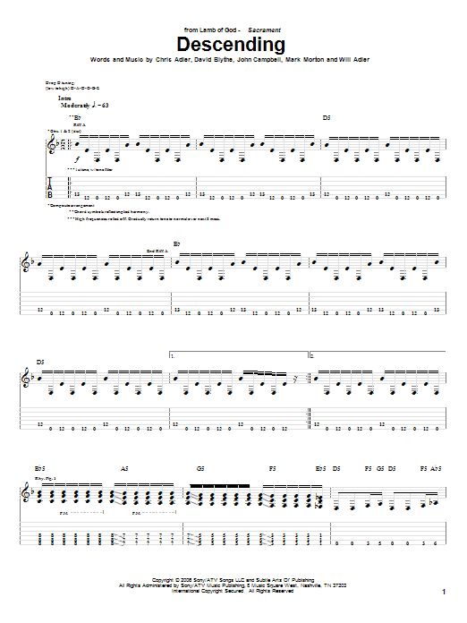 Download Lamb of God Descending Sheet Music and learn how to play Guitar Tab PDF digital score in minutes