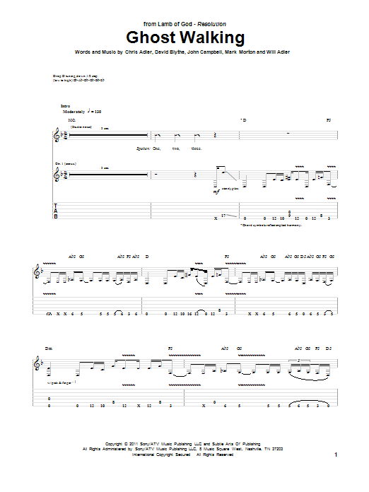Download Lamb Of God Ghost Walking Sheet Music and learn how to play Guitar Tab PDF digital score in minutes