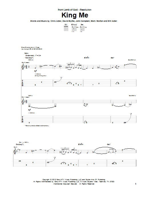 Download Lamb Of God King Me Sheet Music and learn how to play Guitar Tab PDF digital score in minutes