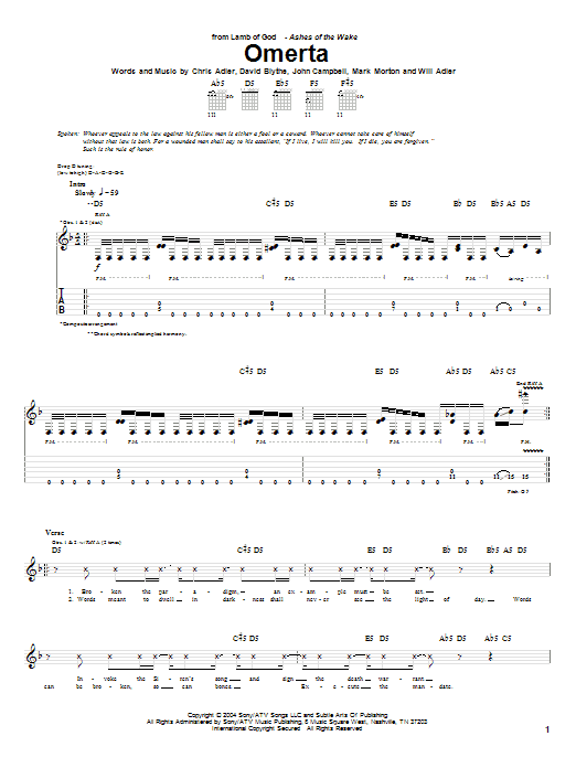 Download Lamb of God Omerta Sheet Music and learn how to play Guitar Tab PDF digital score in minutes