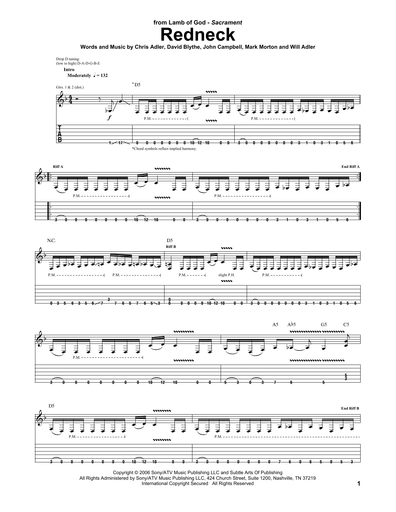 Download Lamb of God Redneck Sheet Music and learn how to play Guitar Tab PDF digital score in minutes