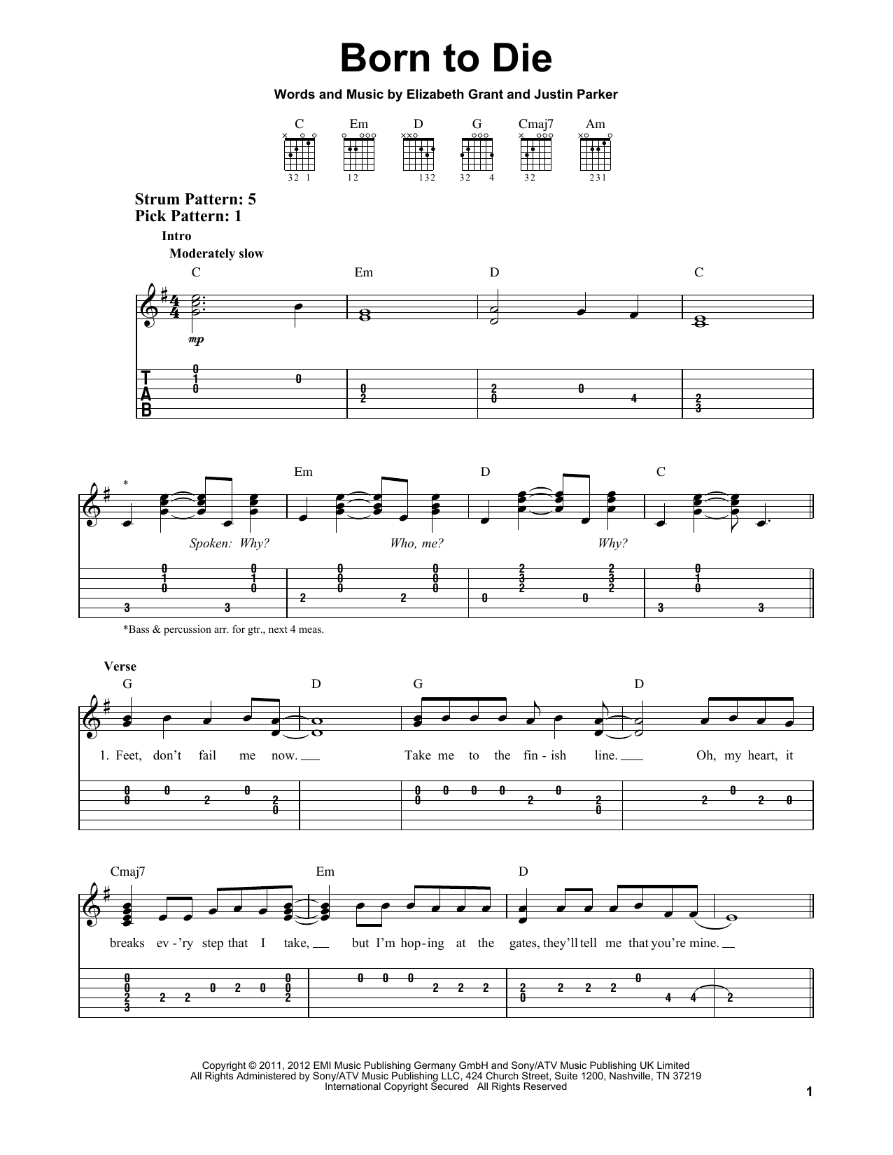 Download Lana Del Ray Born To Die Sheet Music and learn how to play Easy Guitar Tab PDF digital score in minutes