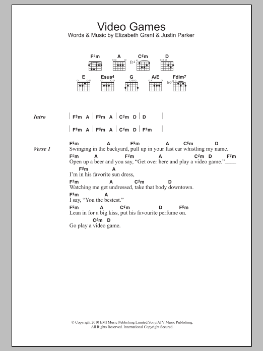 Download Lana Del Rey Video Games Sheet Music and learn how to play Lyrics & Chords PDF digital score in minutes