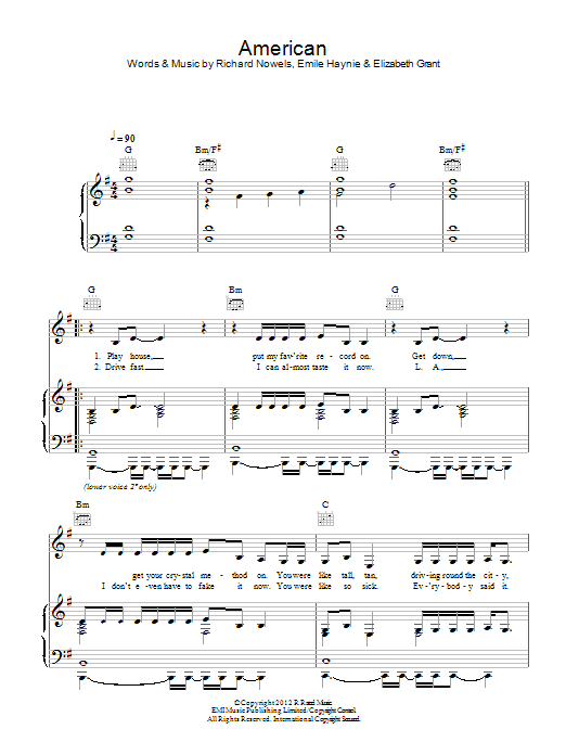 Download Lana Del Rey American Sheet Music and learn how to play Piano, Vocal & Guitar (Right-Hand Melody) PDF digital score in minutes