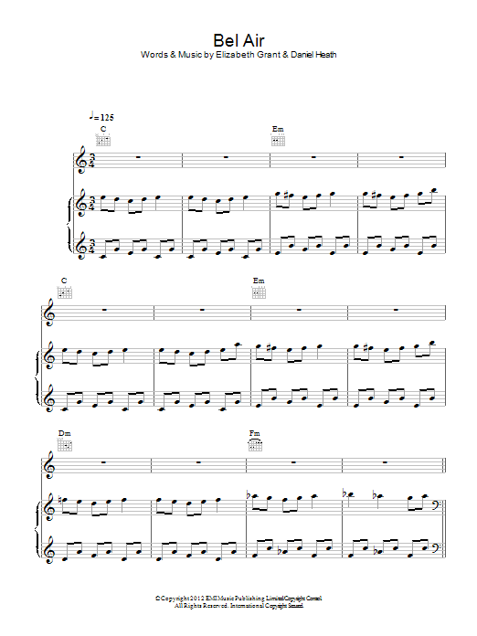 Download Lana Del Rey Bel Air Sheet Music and learn how to play Piano, Vocal & Guitar (Right-Hand Melody) PDF digital score in minutes