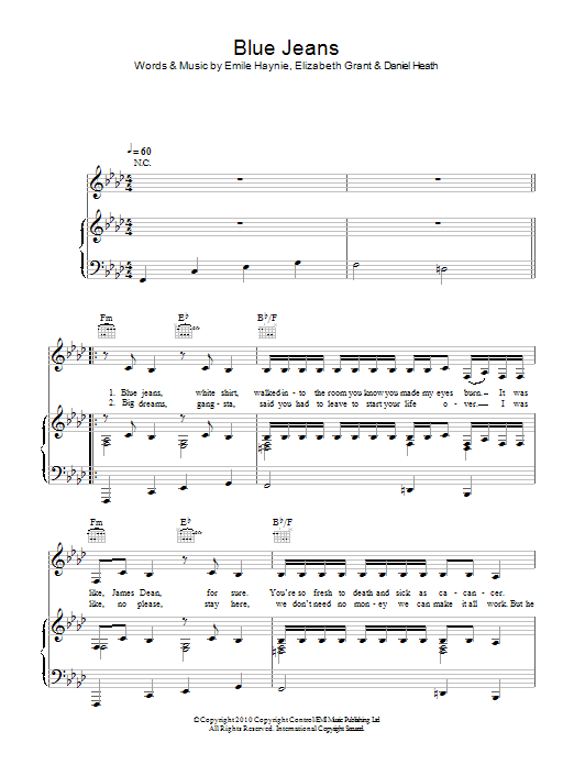 Download Lana Del Rey Blue Jeans Sheet Music and learn how to play Piano, Vocal & Guitar (Right-Hand Melody) PDF digital score in minutes