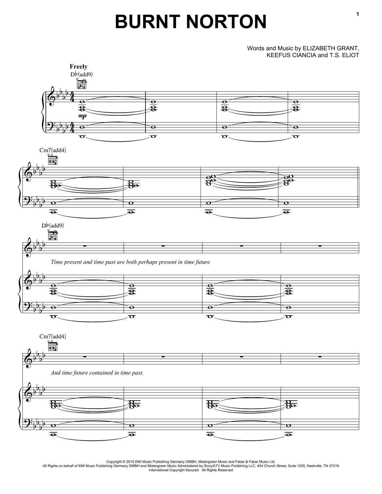 Download Lana Del Rey Burnt Norton Sheet Music and learn how to play Piano, Vocal & Guitar (Right-Hand Melody) PDF digital score in minutes