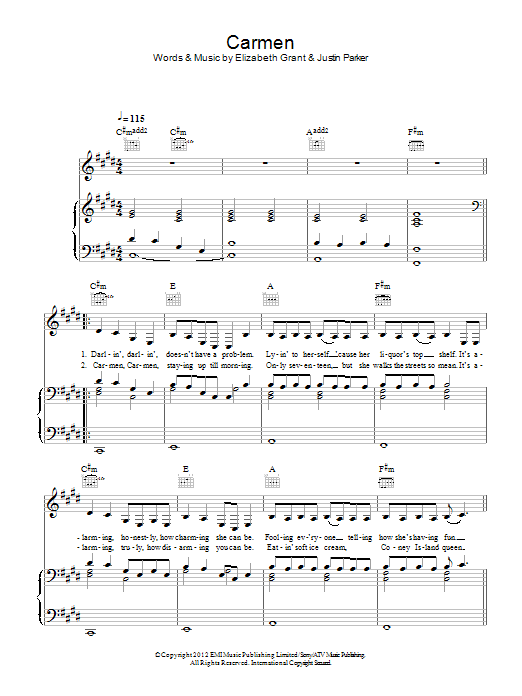 Download Lana Del Rey Carmen Sheet Music and learn how to play Piano, Vocal & Guitar (Right-Hand Melody) PDF digital score in minutes