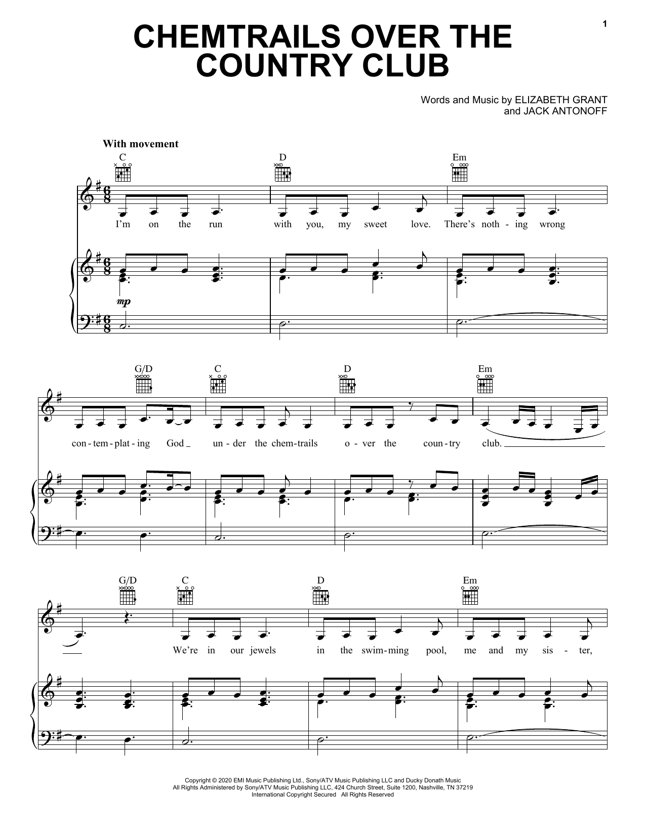 Download Lana Del Rey Chemtrails Over The Country Club Sheet Music and learn how to play Piano, Vocal & Guitar Chords (Right-Hand Melody) PDF digital score in minutes