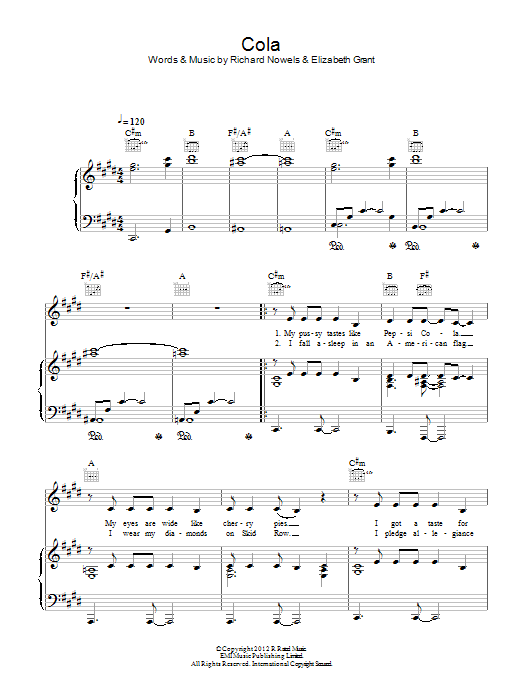 Download Lana Del Rey Cola Sheet Music and learn how to play Piano, Vocal & Guitar (Right-Hand Melody) PDF digital score in minutes