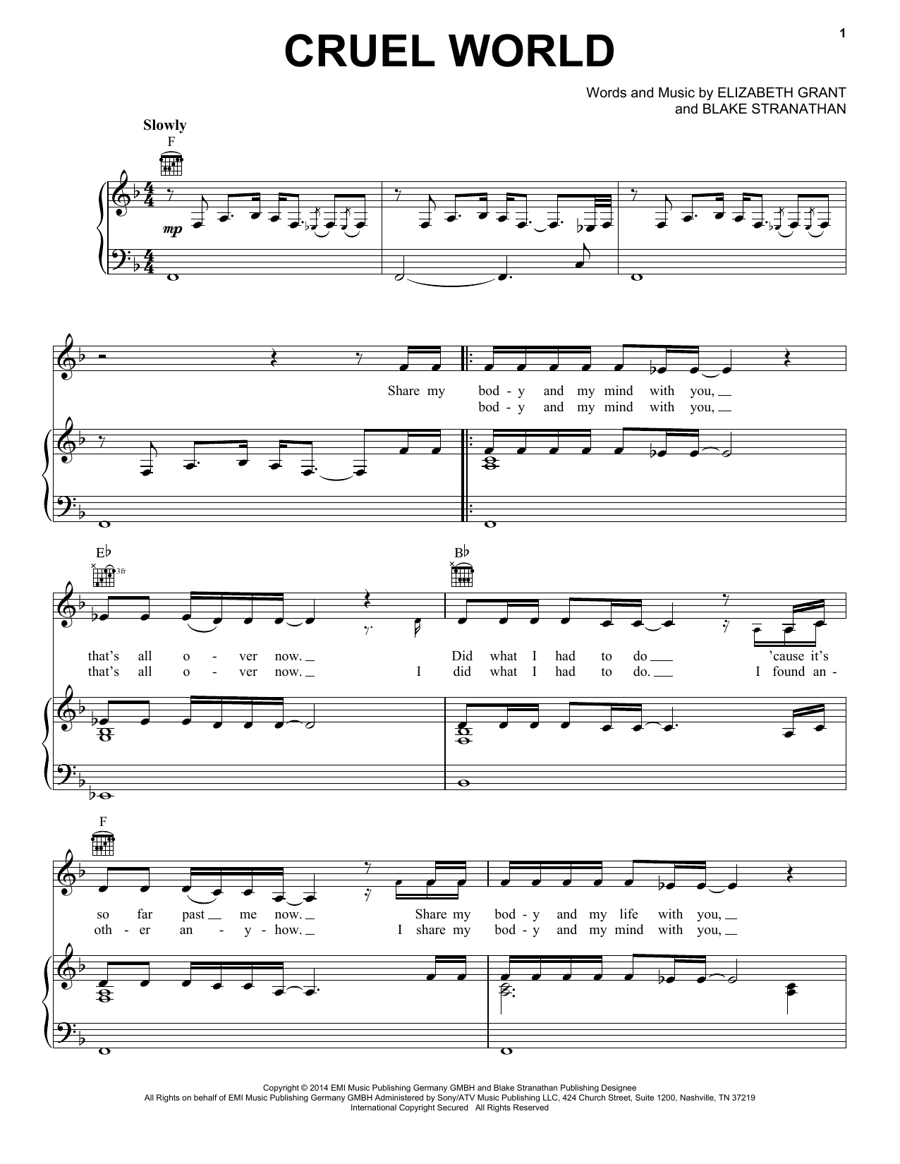 Download Lana Del Rey Cruel World Sheet Music and learn how to play Piano, Vocal & Guitar (Right-Hand Melody) PDF digital score in minutes