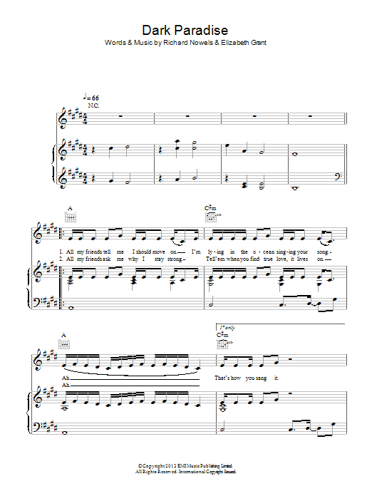 Download Lana Del Rey Dark Paradise Sheet Music and learn how to play Piano, Vocal & Guitar (Right-Hand Melody) PDF digital score in minutes