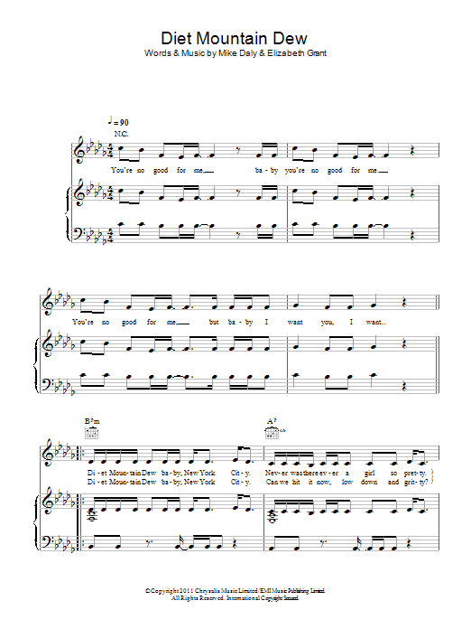 Download Lana Del Rey Diet Mountain Dew Sheet Music and learn how to play Piano, Vocal & Guitar (Right-Hand Melody) PDF digital score in minutes