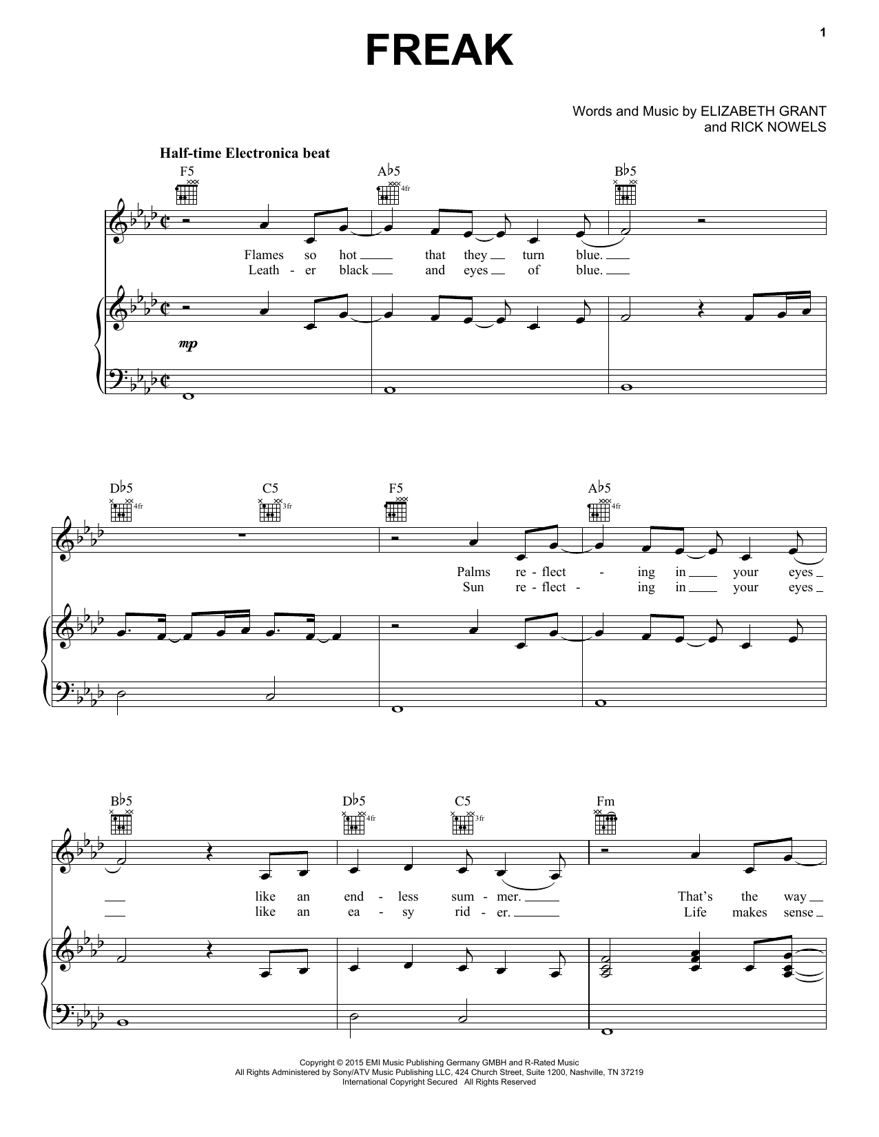 Download Lana Del Rey Freak Sheet Music and learn how to play Piano, Vocal & Guitar (Right-Hand Melody) PDF digital score in minutes