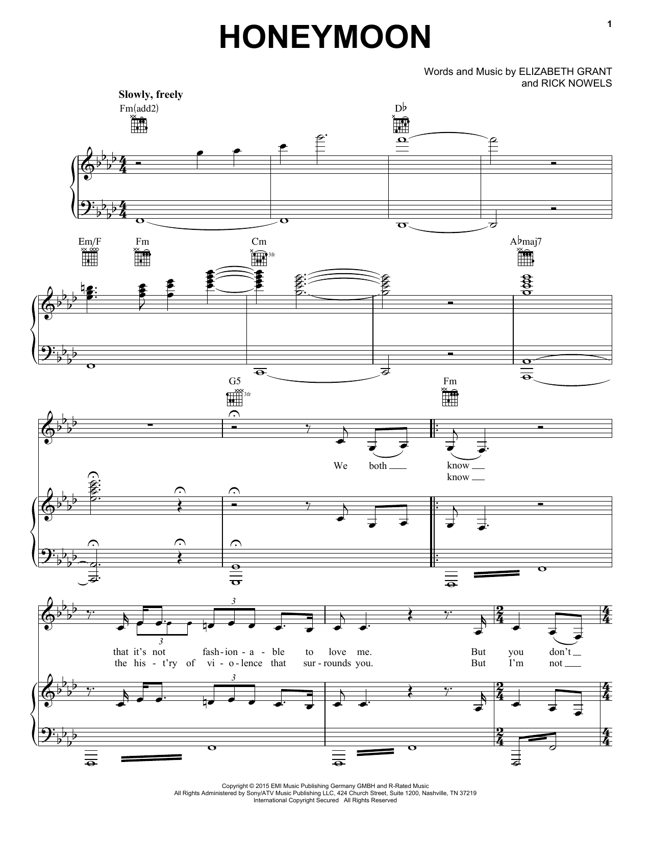 Download Lana Del Rey Honeymoon Sheet Music and learn how to play Piano, Vocal & Guitar (Right-Hand Melody) PDF digital score in minutes