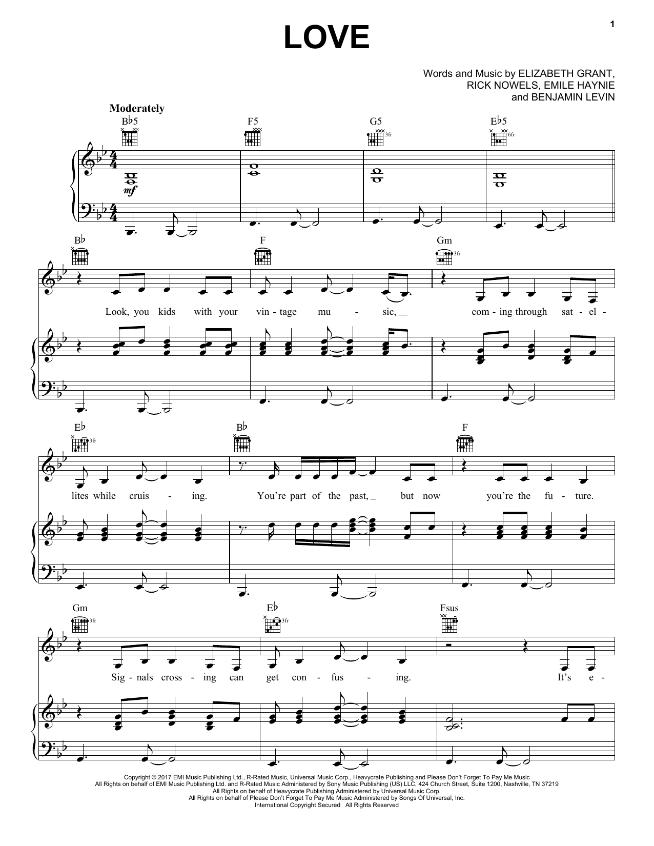 Download Lana Del Rey Love Sheet Music and learn how to play Piano, Vocal & Guitar (Right-Hand Melody) PDF digital score in minutes