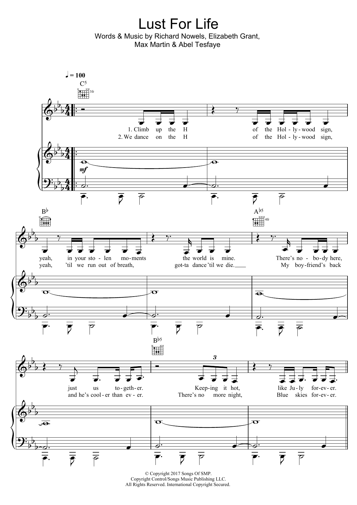 Download Lana Del Rey Lust For Life (feat. The Weeknd) Sheet Music and learn how to play Piano, Vocal & Guitar (Right-Hand Melody) PDF digital score in minutes