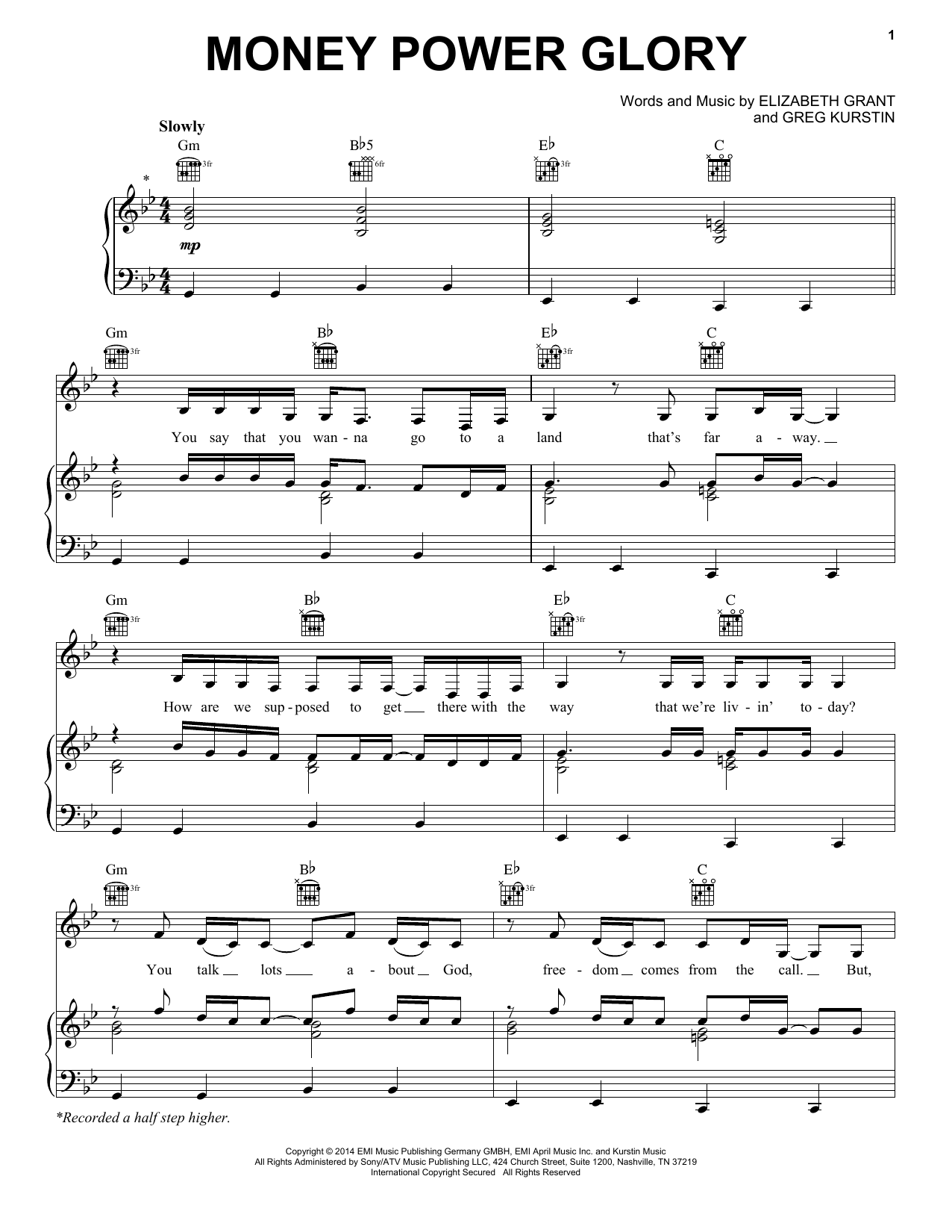 Download Lana Del Rey Money Power Glory Sheet Music and learn how to play Piano, Vocal & Guitar (Right-Hand Melody) PDF digital score in minutes