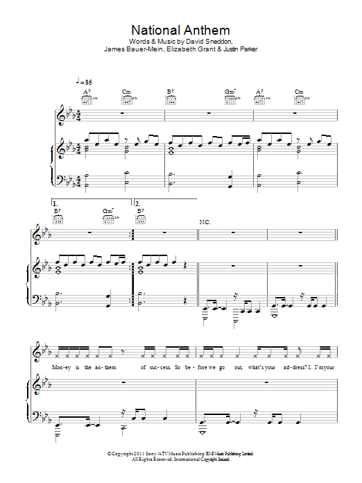 Download Lana Del Rey National Anthem Sheet Music and learn how to play Piano, Vocal & Guitar (Right-Hand Melody) PDF digital score in minutes