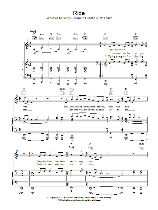 Download Lana Del Rey Ride Sheet Music and learn how to play Piano, Vocal & Guitar (Right-Hand Melody) PDF digital score in minutes
