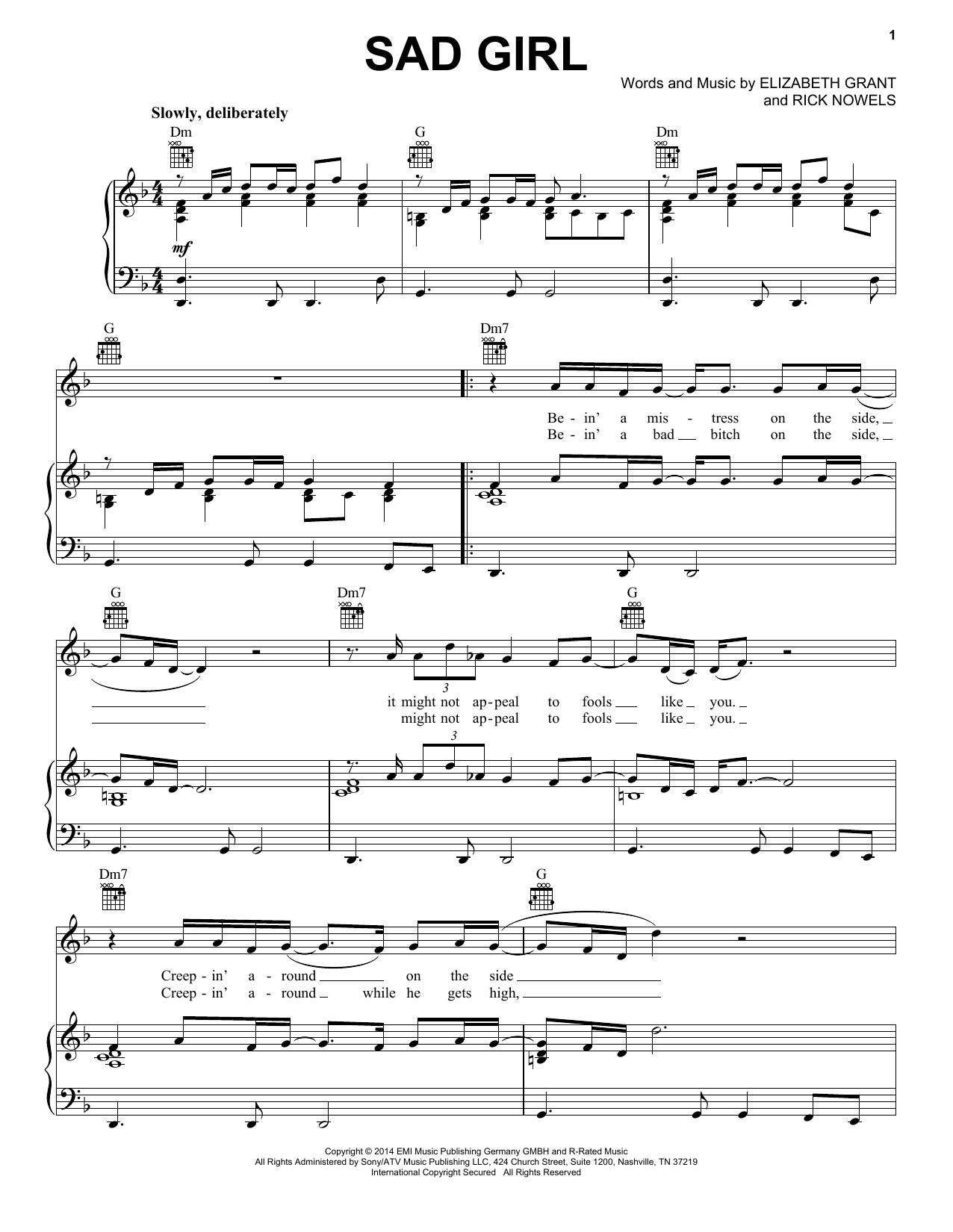 Download Lana Del Rey Sad Girl Sheet Music and learn how to play Piano, Vocal & Guitar (Right-Hand Melody) PDF digital score in minutes