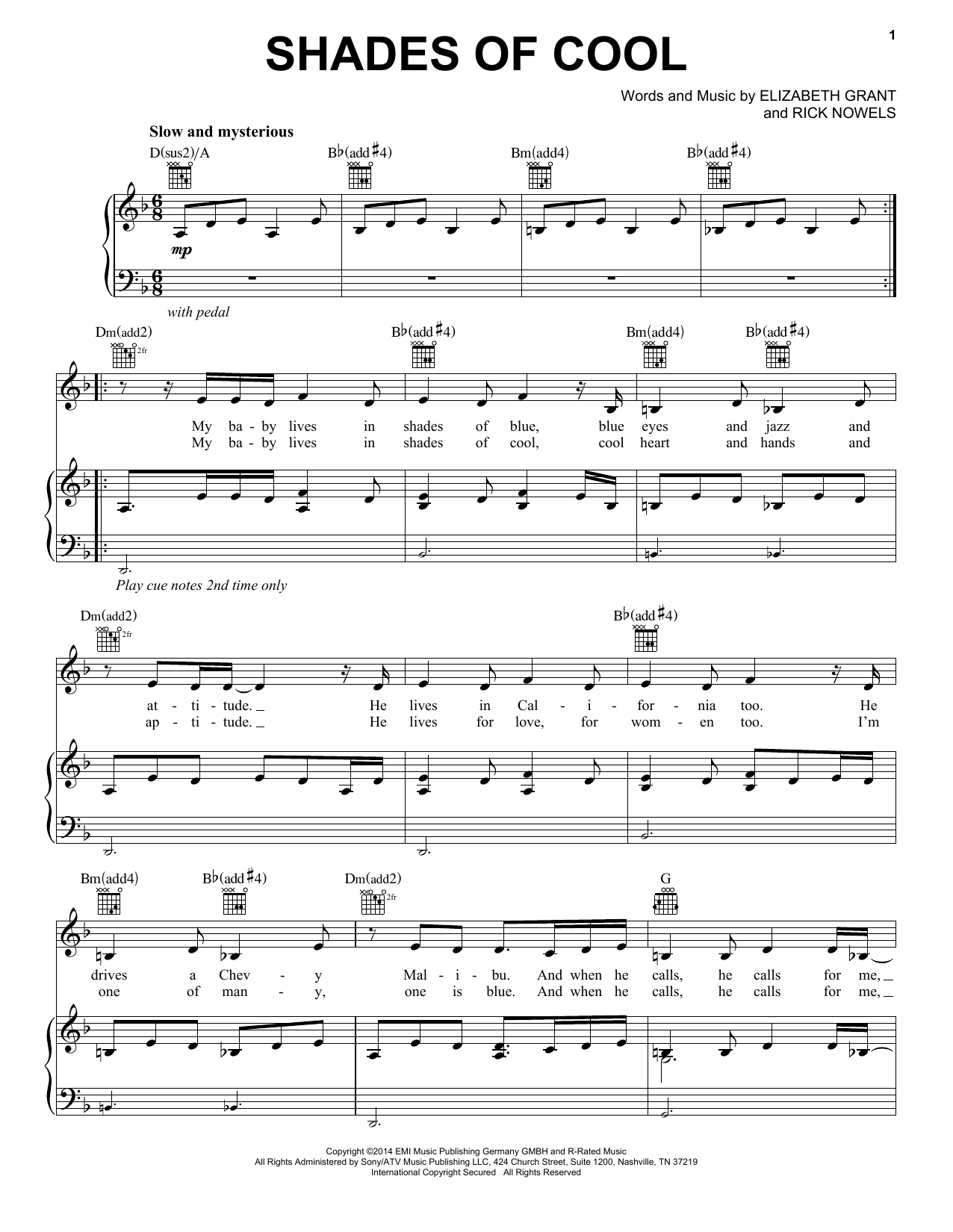 Download Lana Del Rey Shades Of Cool Sheet Music and learn how to play Piano, Vocal & Guitar (Right-Hand Melody) PDF digital score in minutes