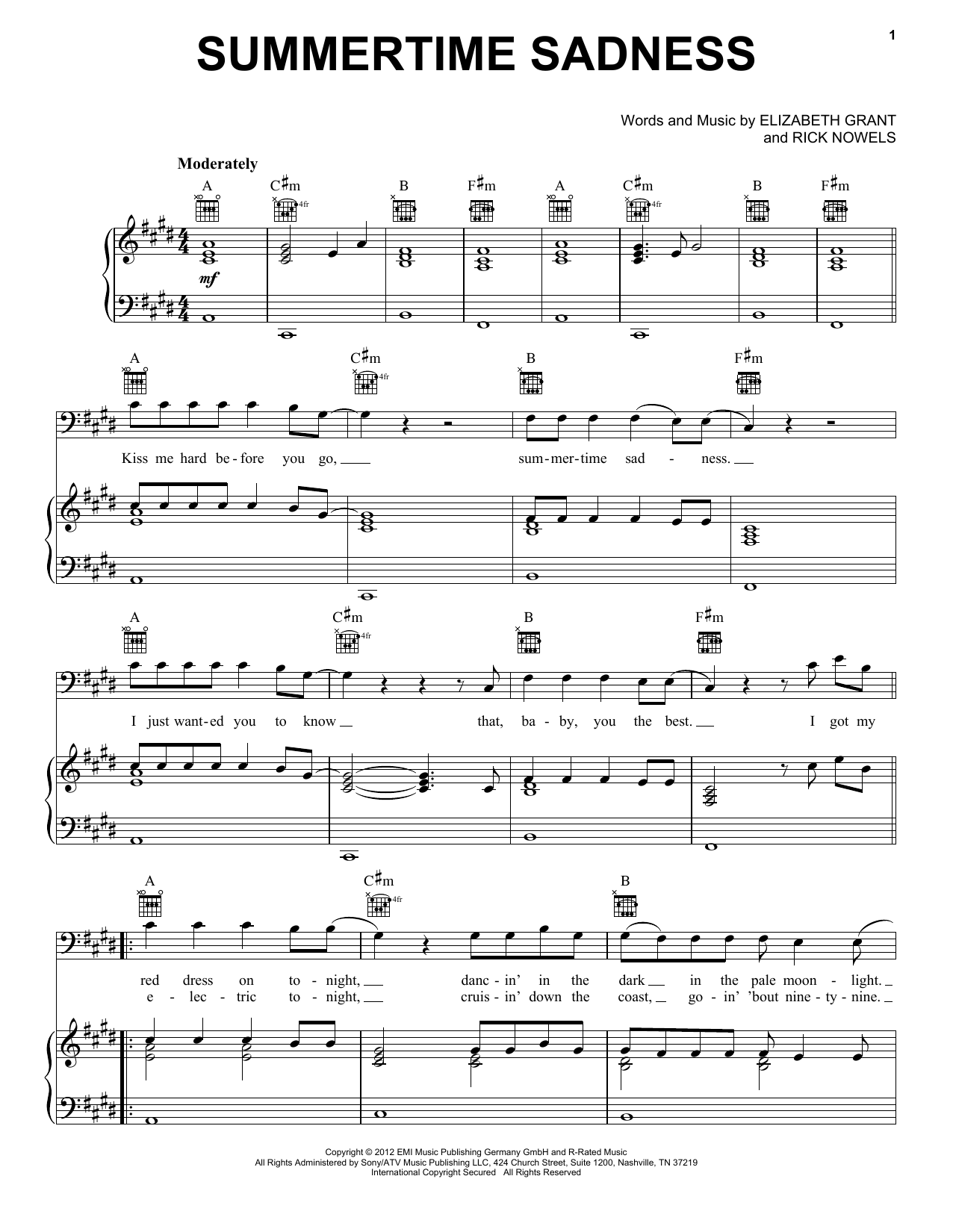 Download Lana Del Rey Summertime Sadness Sheet Music and learn how to play Piano, Vocal & Guitar (Right-Hand Melody) PDF digital score in minutes