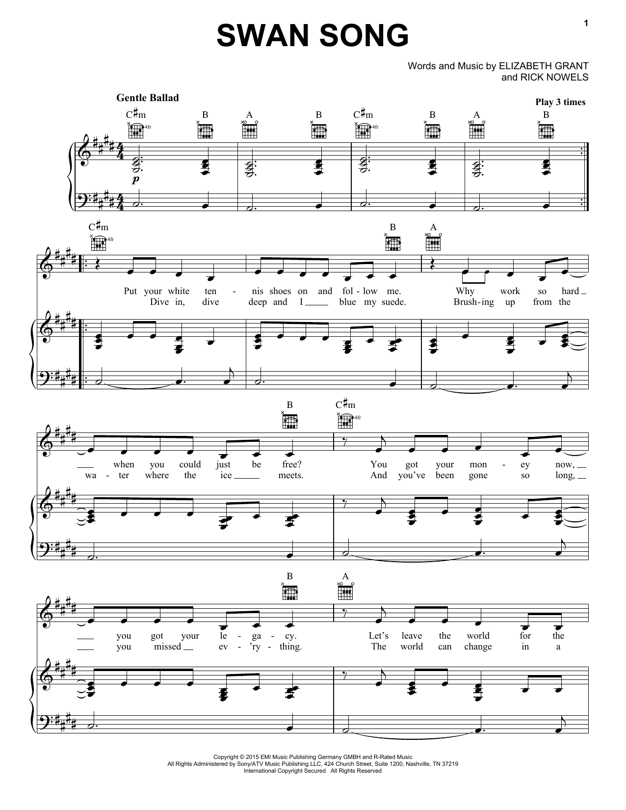 Download Lana Del Rey Swan Song Sheet Music and learn how to play Piano, Vocal & Guitar (Right-Hand Melody) PDF digital score in minutes