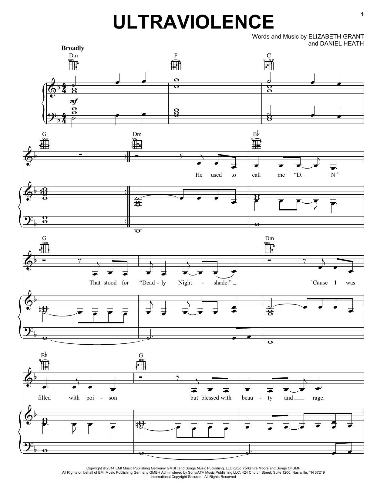 Download Lana Del Rey Ultraviolence Sheet Music and learn how to play Piano, Vocal & Guitar (Right-Hand Melody) PDF digital score in minutes