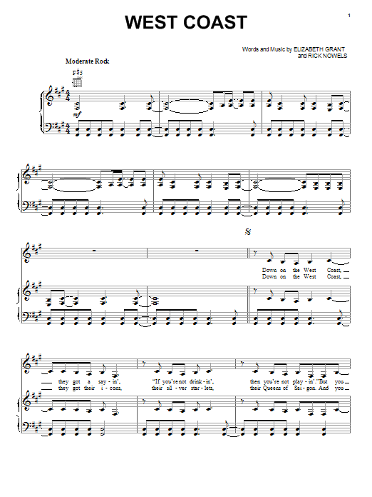Download Lana Del Rey West Coast Sheet Music and learn how to play Piano, Vocal & Guitar (Right-Hand Melody) PDF digital score in minutes