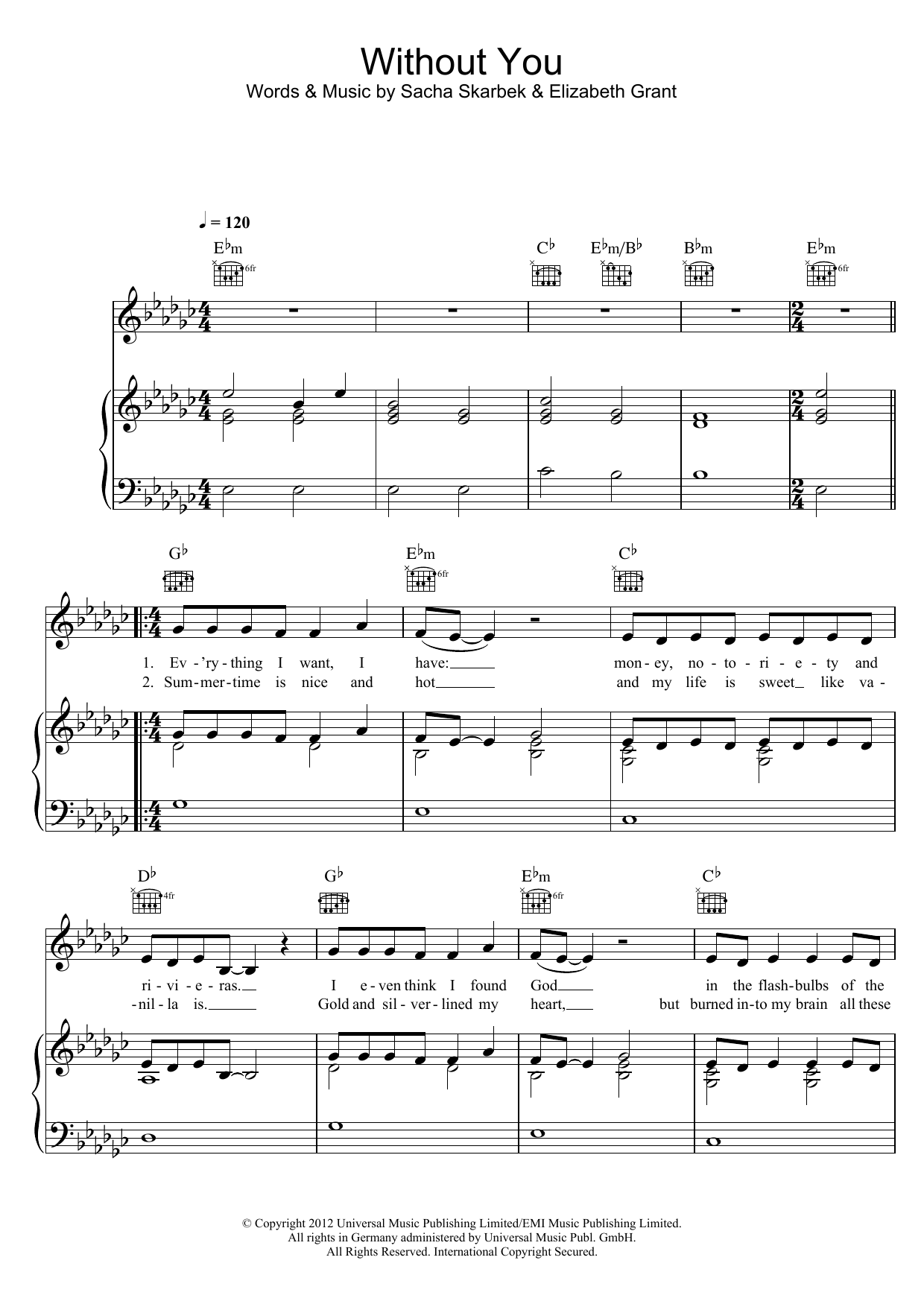 Download Lana Del Rey Without You Sheet Music and learn how to play Piano, Vocal & Guitar (Right-Hand Melody) PDF digital score in minutes