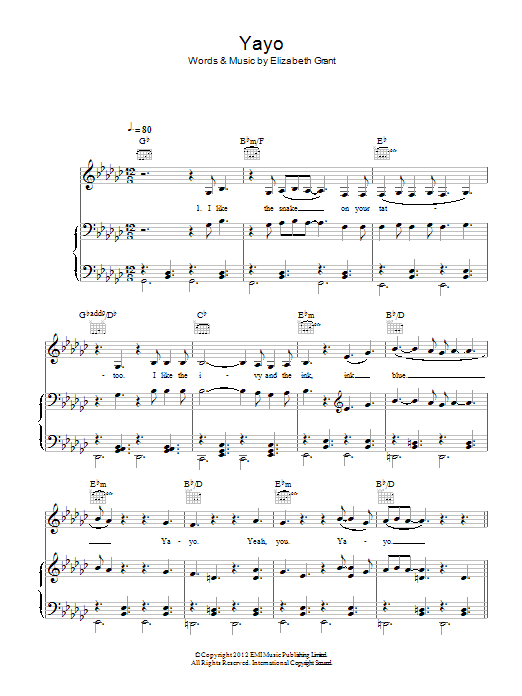Download Lana Del Rey Yayo Sheet Music and learn how to play Piano, Vocal & Guitar (Right-Hand Melody) PDF digital score in minutes