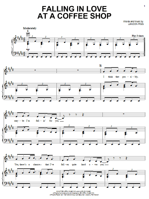 Download Landon Pigg Falling In Love At A Coffee Shop Sheet Music and learn how to play Piano, Vocal & Guitar (Right-Hand Melody) PDF digital score in minutes