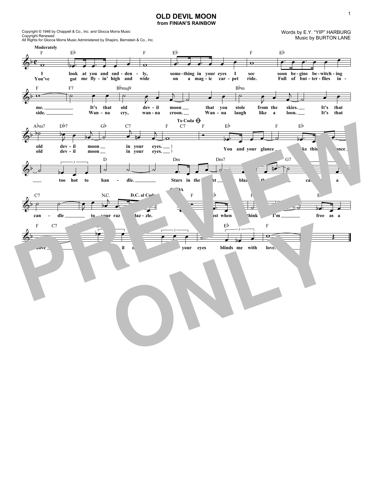 Download Burton Lane Old Devil Moon Sheet Music and learn how to play Lead Sheet / Fake Book PDF digital score in minutes