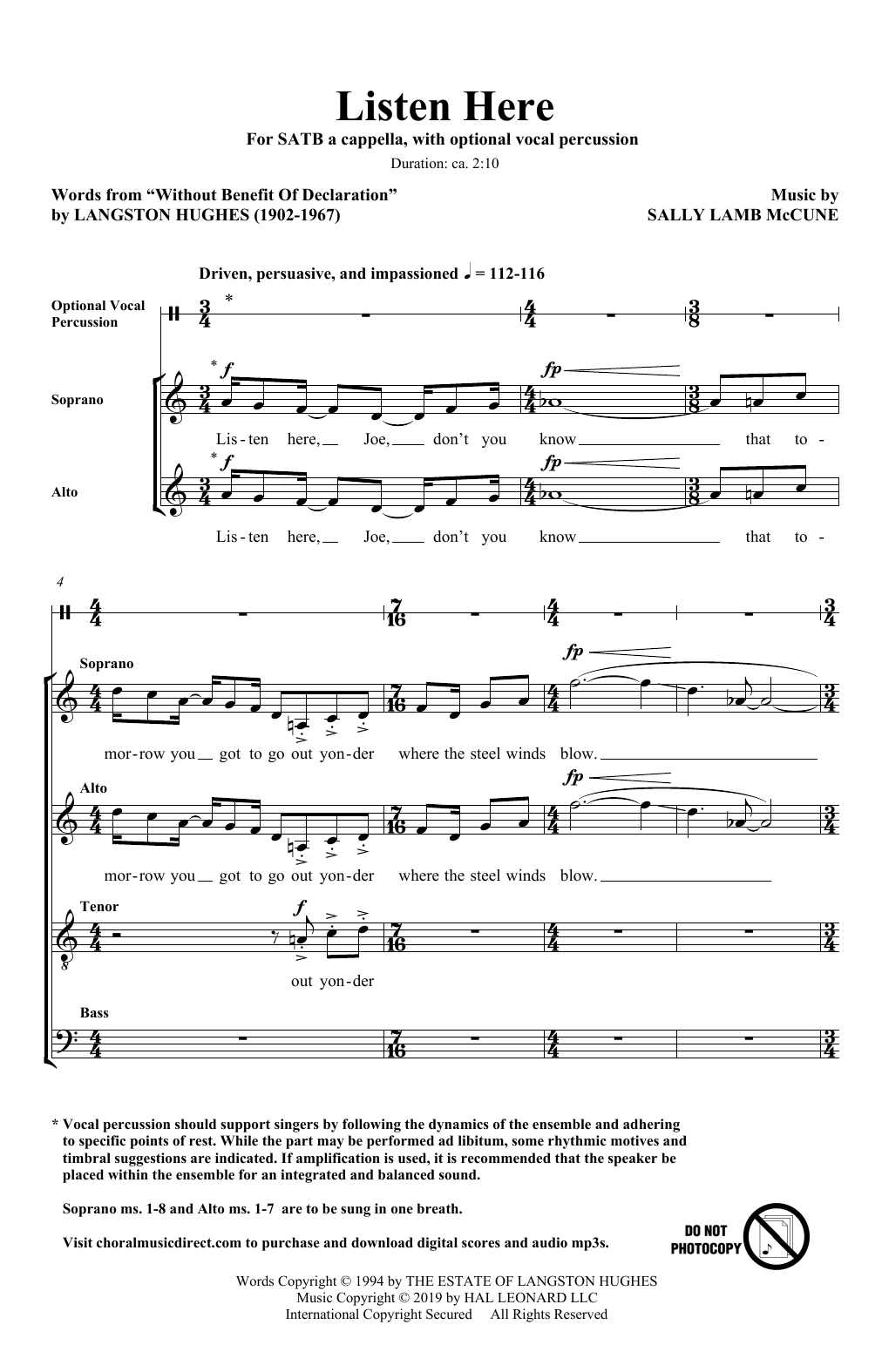 Download Langston Hughes and Sally Lamb McCune Listen Here Sheet Music and learn how to play SATB Choir PDF digital score in minutes