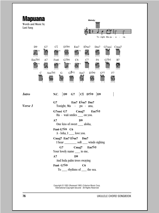 Download Lani Sang Mapuana Sheet Music and learn how to play Piano, Vocal & Guitar (Right-Hand Melody) PDF digital score in minutes