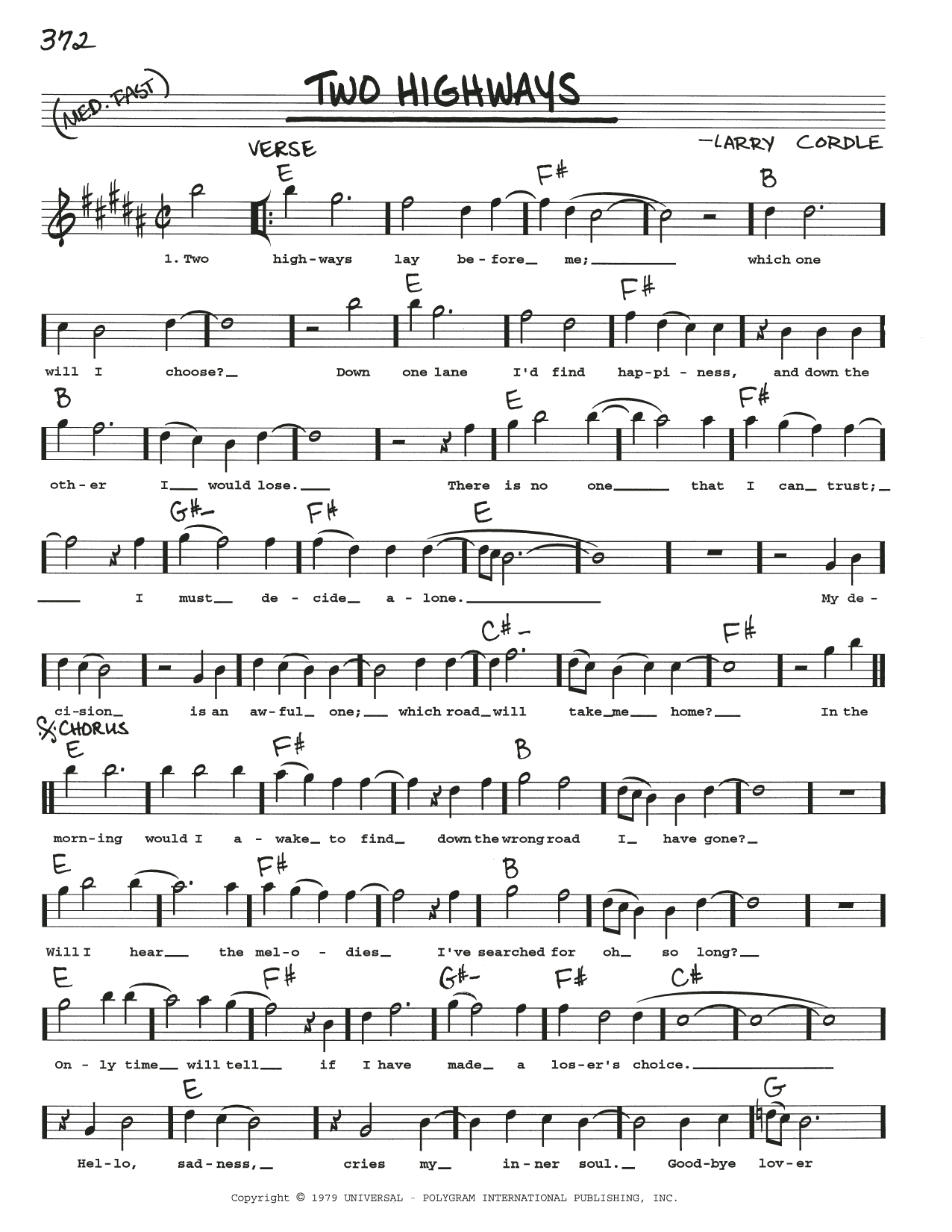 Download Larry Cordle Two Highways Sheet Music and learn how to play Real Book – Melody, Lyrics & Chords PDF digital score in minutes