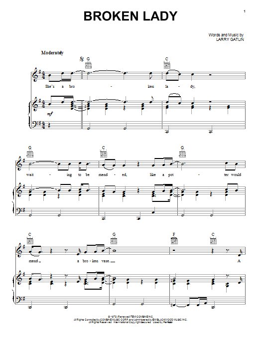 Download Larry Gatlin Broken Lady Sheet Music and learn how to play Piano, Vocal & Guitar (Right-Hand Melody) PDF digital score in minutes
