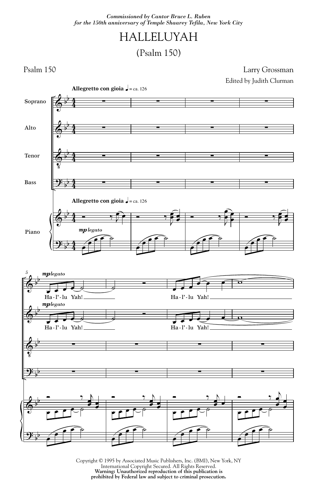 Download Larry Grossman Halleluyah (Psalm 150) Sheet Music and learn how to play SATB PDF digital score in minutes