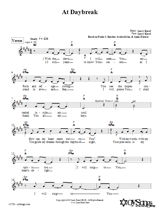 Download Larry Karol At Daybreak Sheet Music and learn how to play Melody Line, Lyrics & Chords PDF digital score in minutes