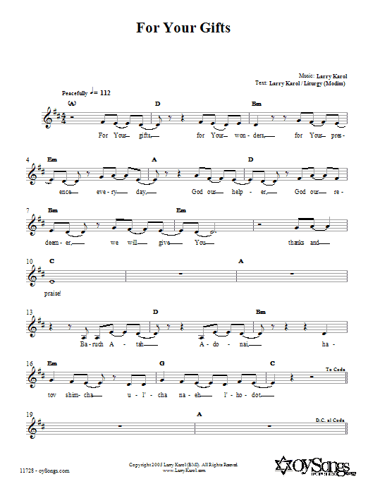 Download Larry Karol For Your Gifts Sheet Music and learn how to play Melody Line, Lyrics & Chords PDF digital score in minutes