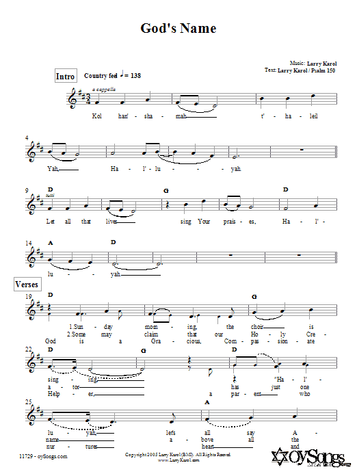 Download Larry Karol God's Name Sheet Music and learn how to play Melody Line, Lyrics & Chords PDF digital score in minutes