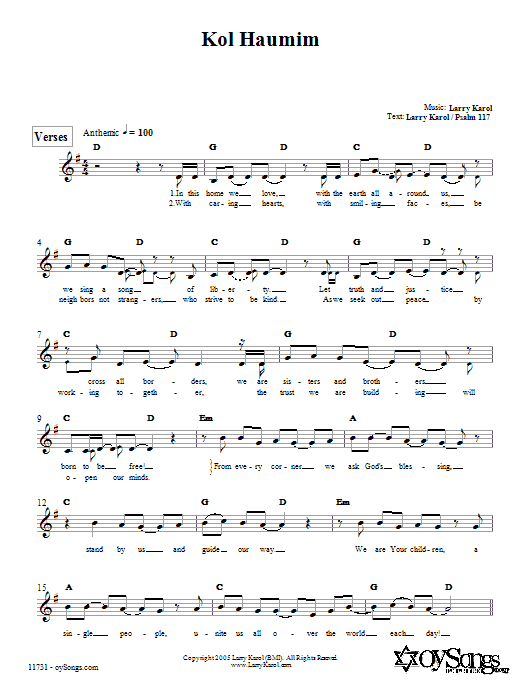 Download Larry Karol Kol Haumim Sheet Music and learn how to play Melody Line, Lyrics & Chords PDF digital score in minutes