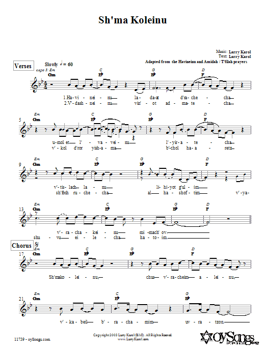 Download Larry Karol Sh'ma Koleinu Sheet Music and learn how to play Melody Line, Lyrics & Chords PDF digital score in minutes