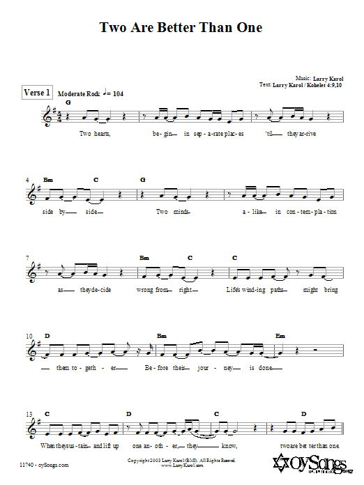 Download Larry Karol Two are Better Than One Sheet Music and learn how to play Melody Line, Lyrics & Chords PDF digital score in minutes