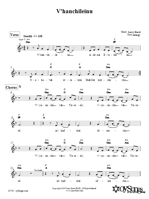 Download Larry Karol V'hanchileinu Sheet Music and learn how to play Melody Line, Lyrics & Chords PDF digital score in minutes