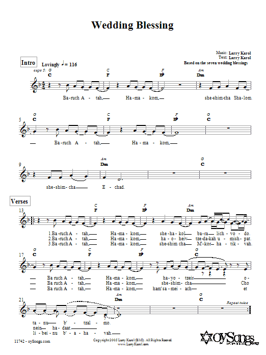 Download Larry Karol Wedding Blessing Sheet Music and learn how to play Melody Line, Lyrics & Chords PDF digital score in minutes